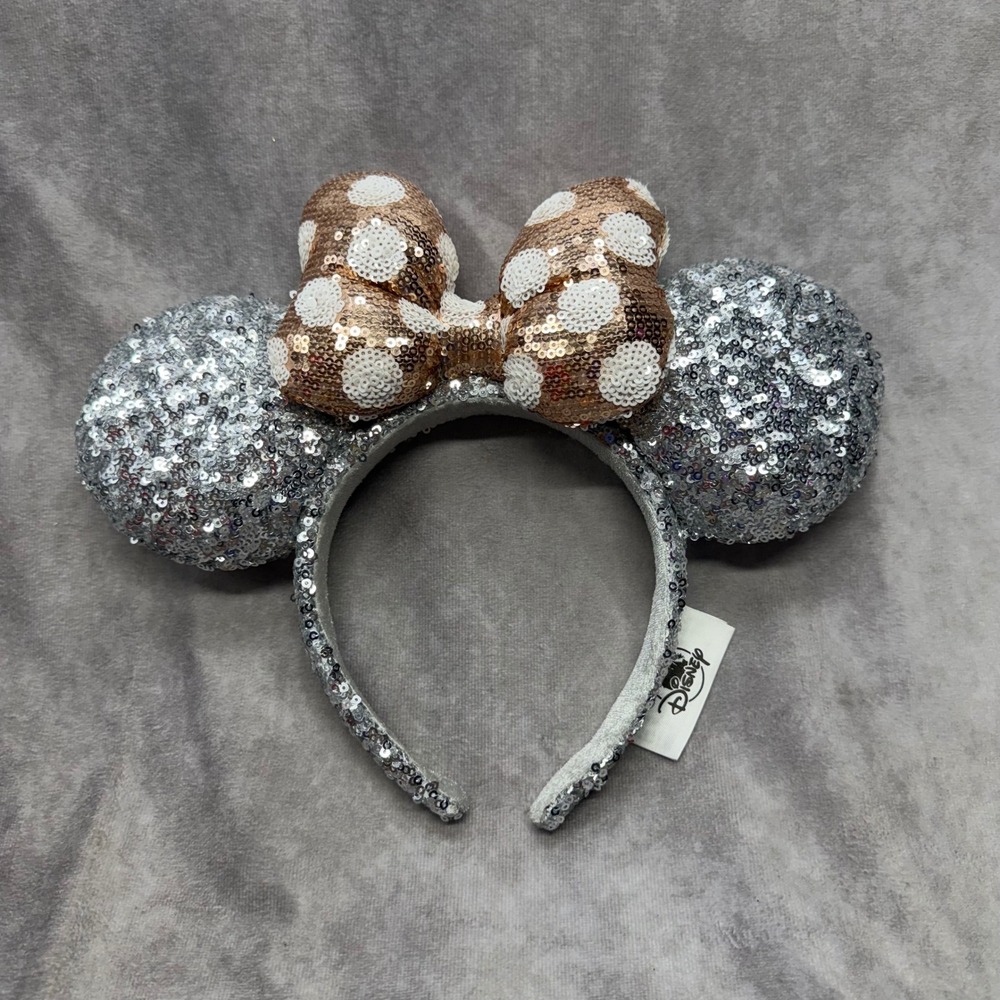 Disney Minnie Mouse Headband Kids OS Silver Rose Gold Sequin Polka Dot Ears